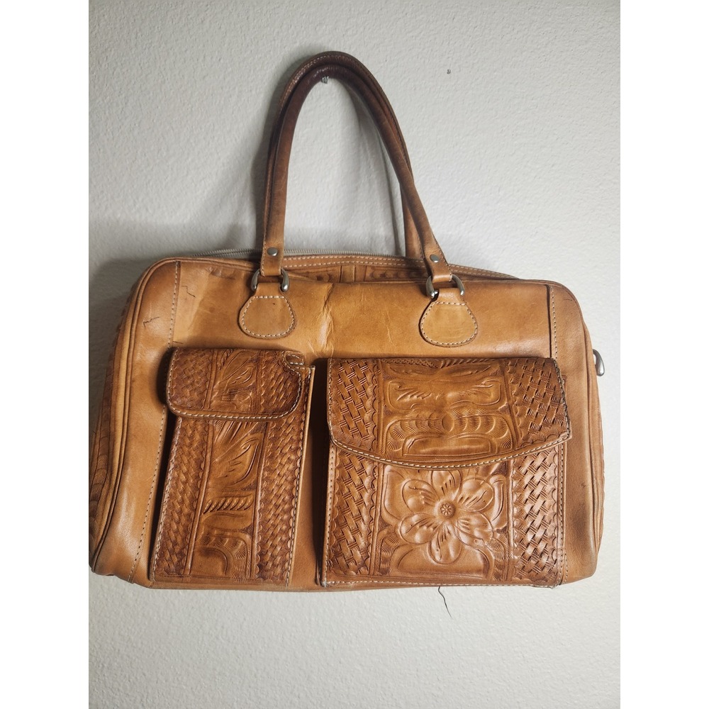 Leaders In Leather Satchel Handbag Brown Tooled Floral Western Bag Large
